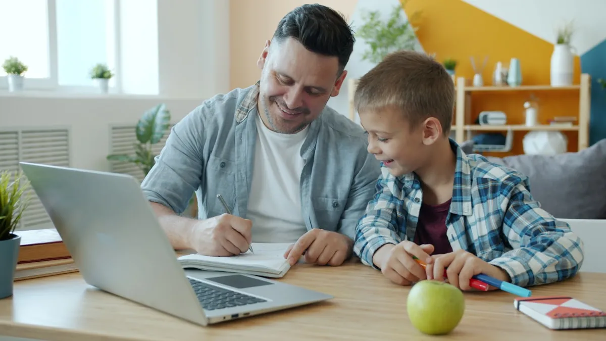 An adult and child drawing together at a desk in a bright family home