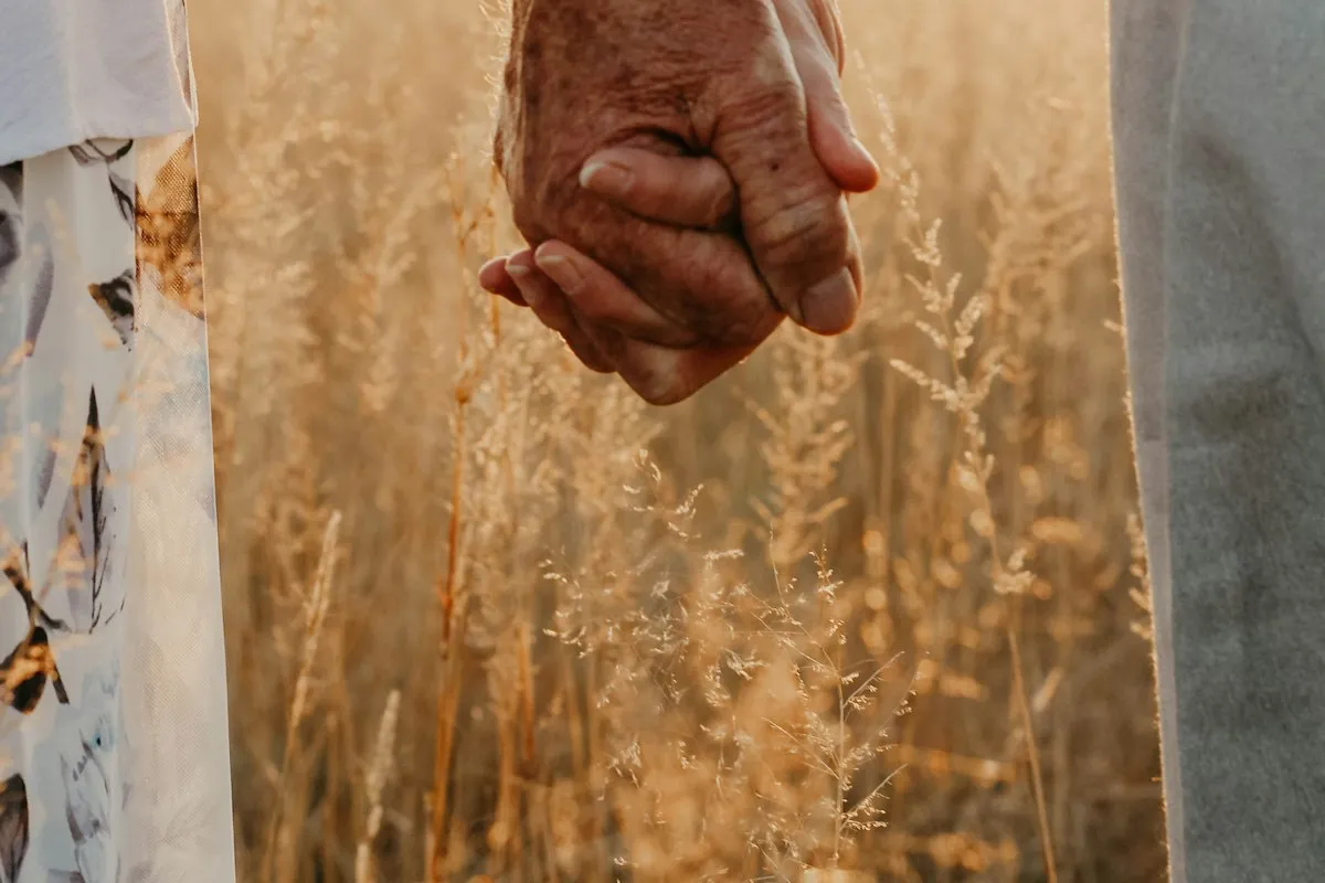 An older couple holding hands in a golden field at sunset