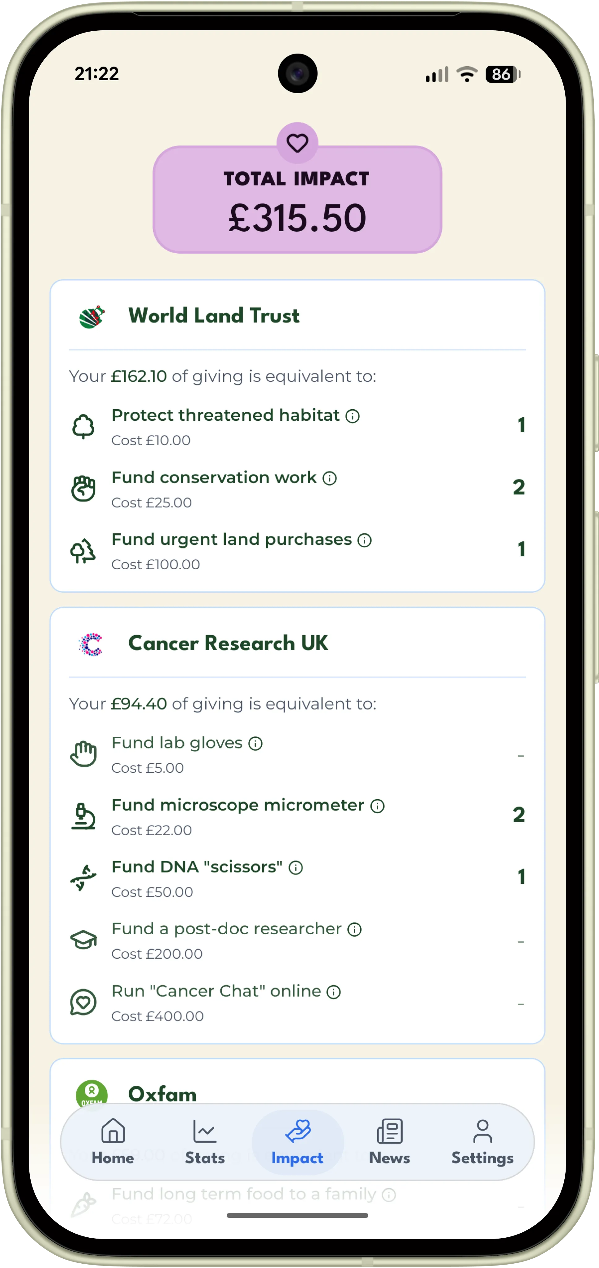 The Legacy app's Impact screen: £315.50 of total impact, with what the giving to World Land Trust and Cancer Research UK has paid for