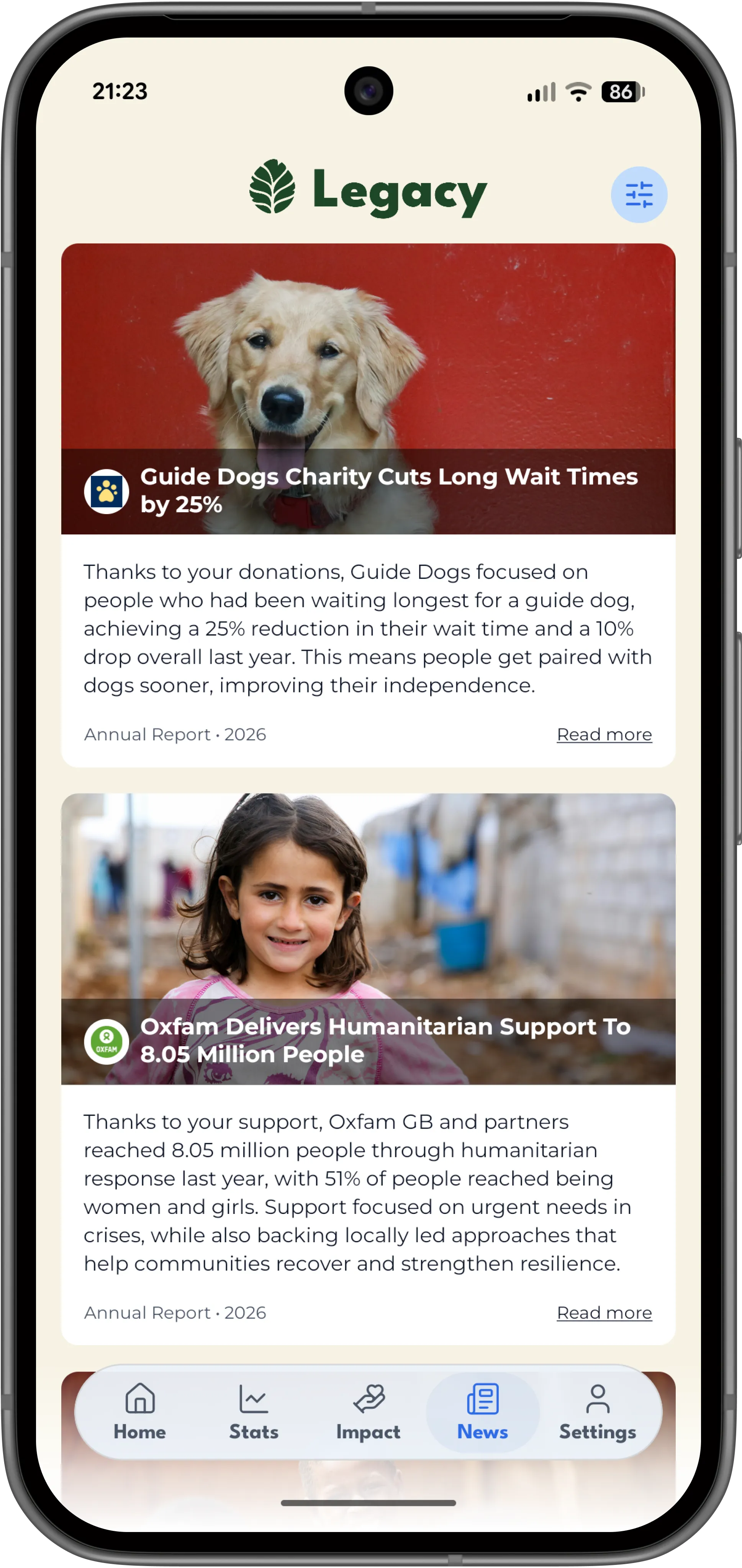 Legacy positive news feed shown in a Pixel 10 phone mockup