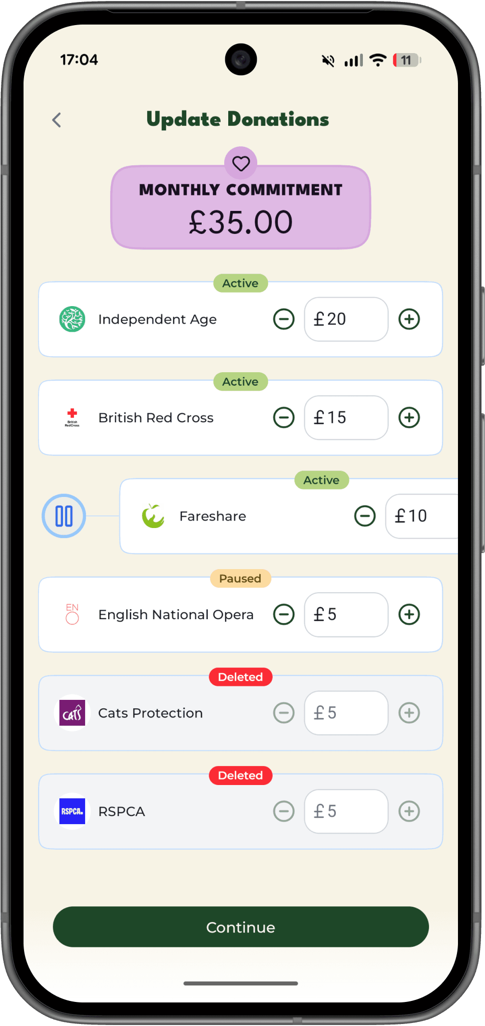 Legacy update donations screen shown in a Pixel 10 phone mockup