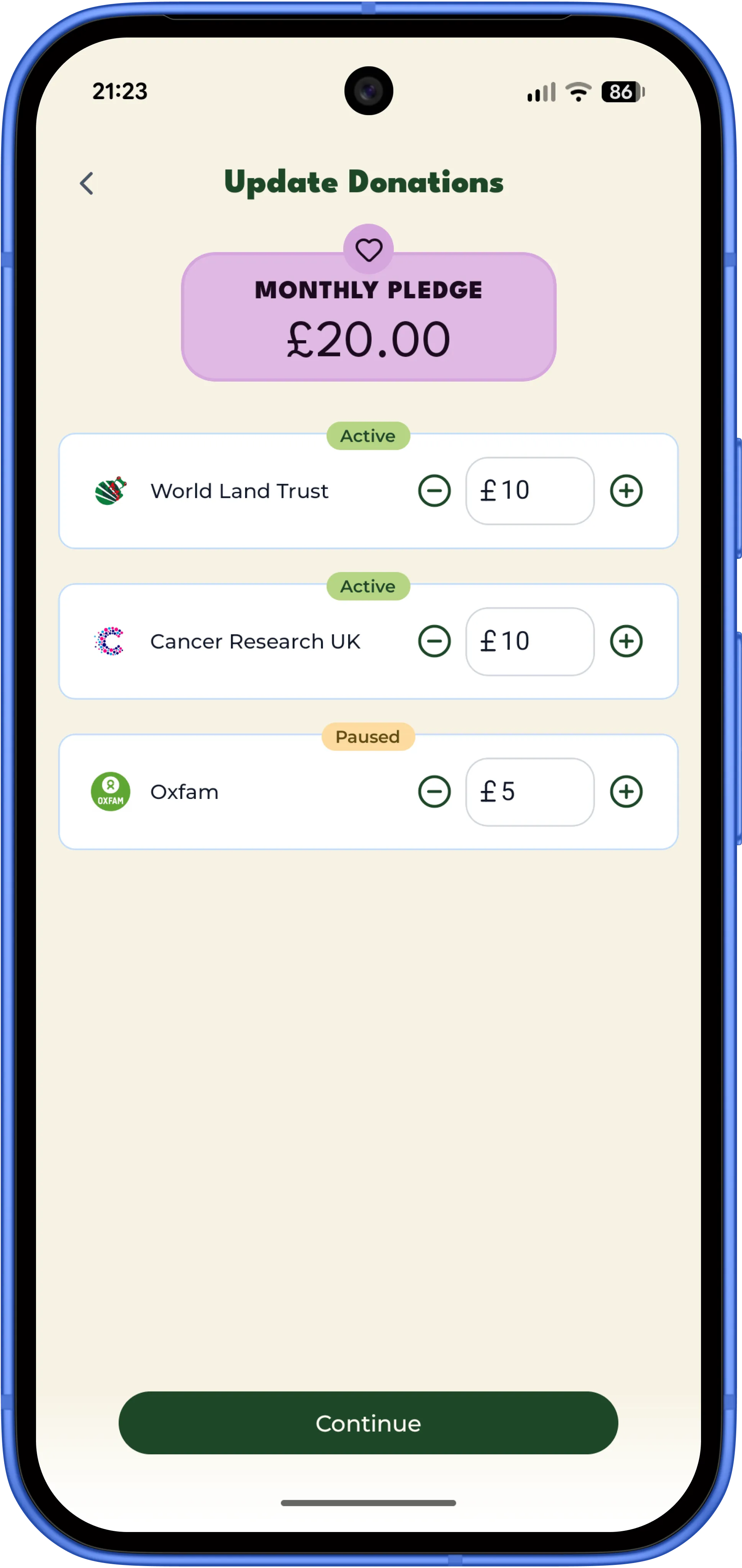 Legacy update donations screen shown in a Pixel 10 phone mockup